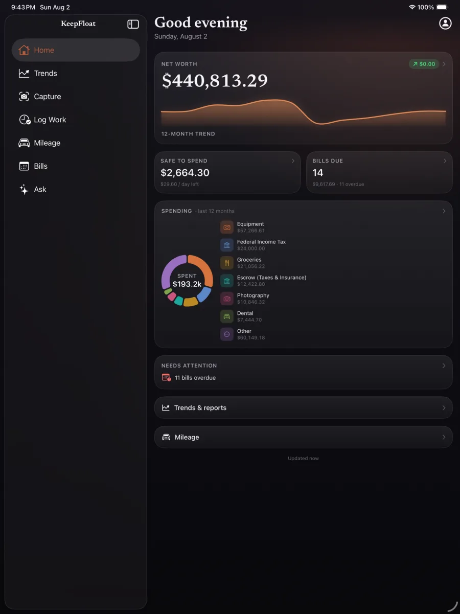 KeepFloat on iPad: a sidebar of Home, Trends, Capture, Log Work, Mileage, Bills and Ask beside a dashboard showing net worth, safe-to-spend, bills due and a spending breakdown.