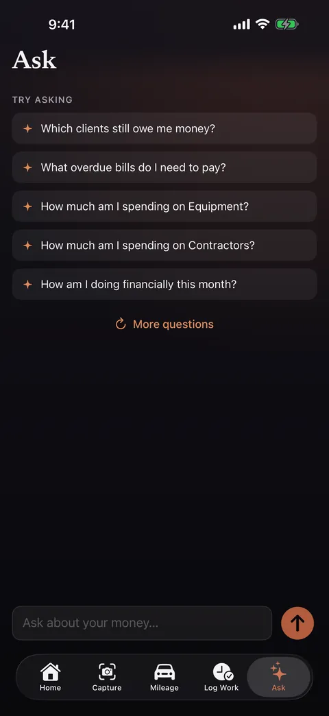The Ask screen on iPhone, suggesting questions such as which clients still owe money and what overdue bills need paying.
