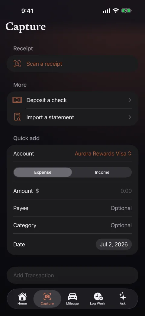 The capture screen on iPhone, reading a photographed receipt's merchant, total and date.