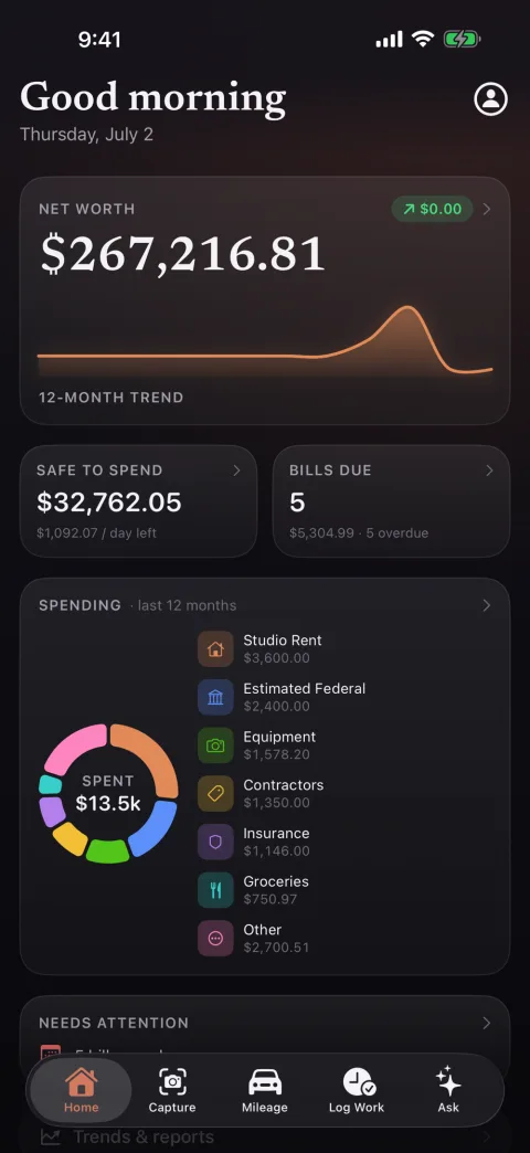 KeepFloat on iPhone: the same dashboard, with net worth, safe-to-spend and spending by category.
