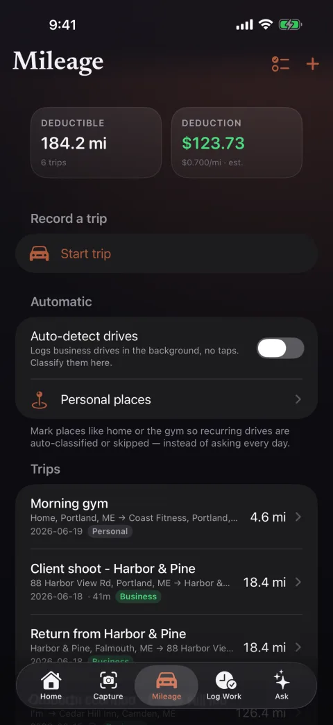 The mileage screen on iPhone, showing a logged trip with its route and the deduction it earned.